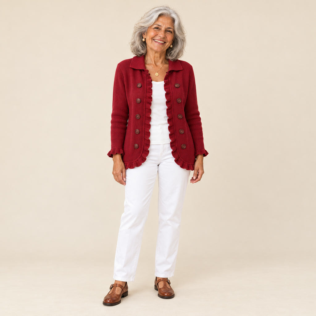 Macarena | Chaqueta de punto de canalé rojo rubí con volantes, vista de frente