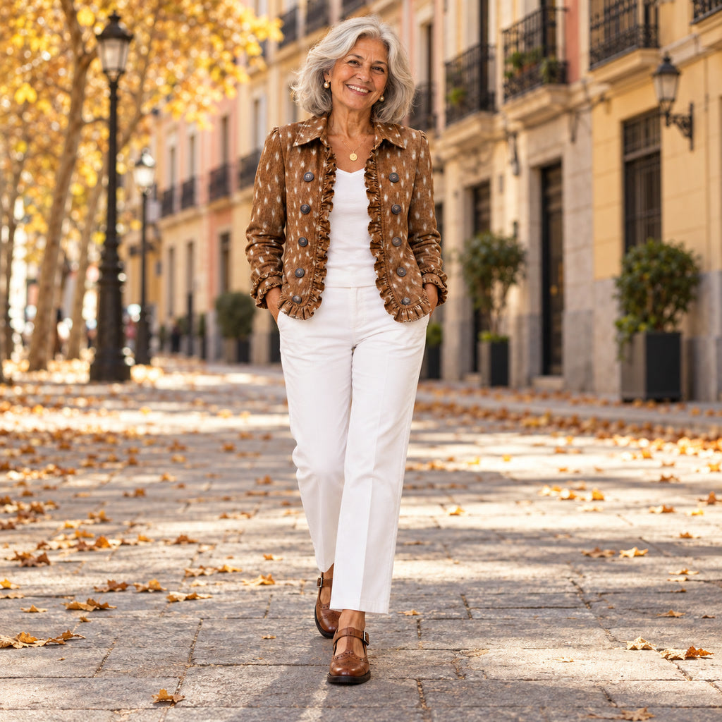 Marcelina | Chaqueta bohemia con volantes y estampado animal, en la calle