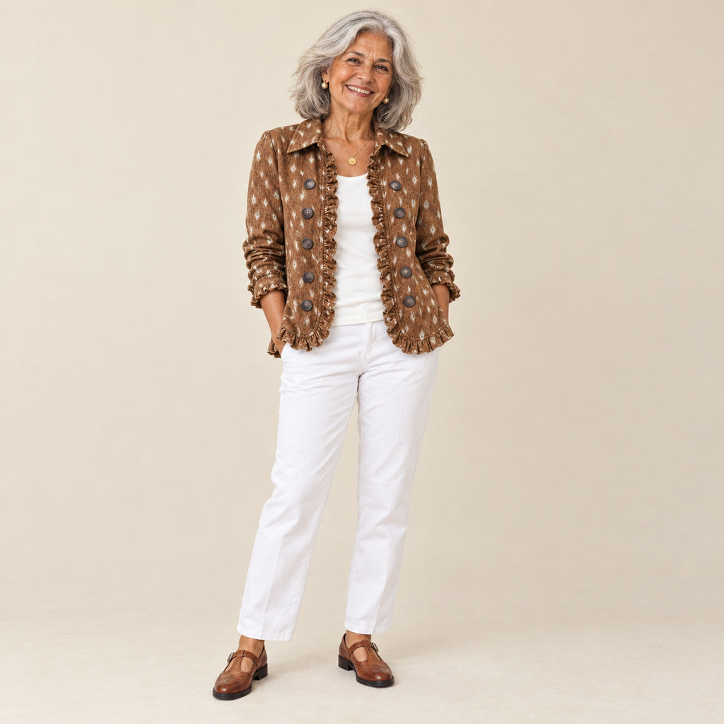 Marcelina | Chaqueta bohemia con volantes y estampado animal, vista de frente