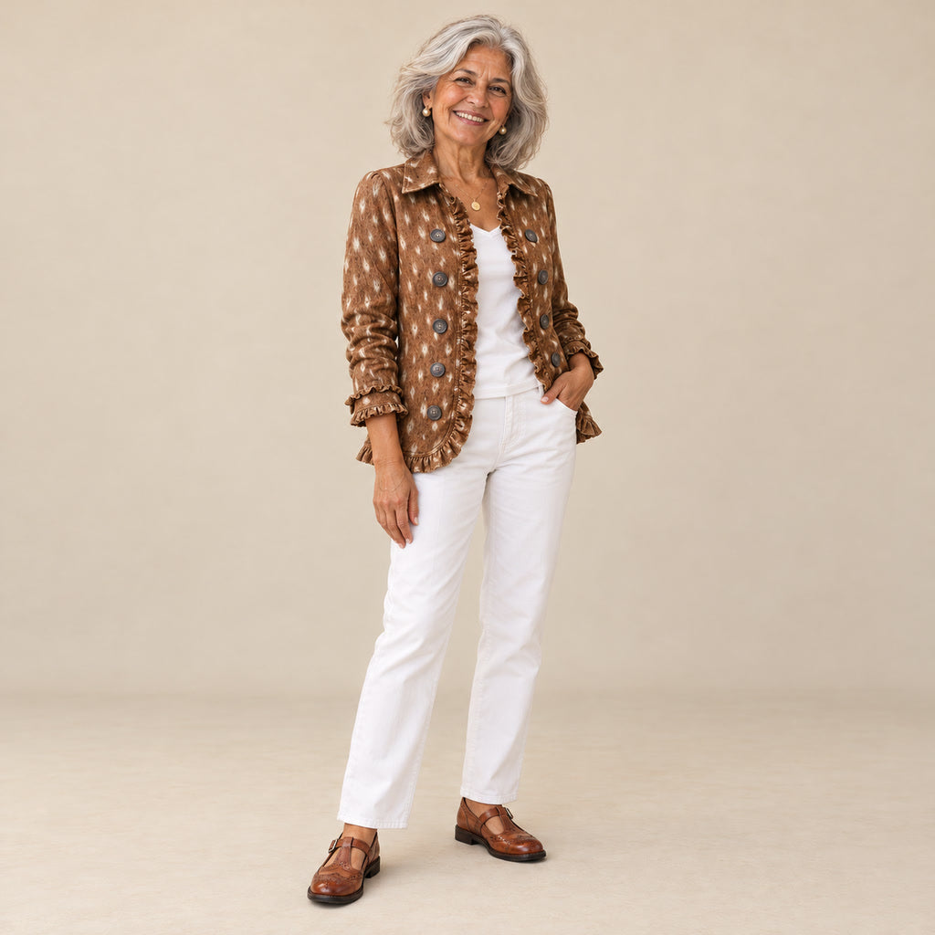 Marcelina | Chaqueta bohemia con volantes y estampado animal, vista de tres cuartos