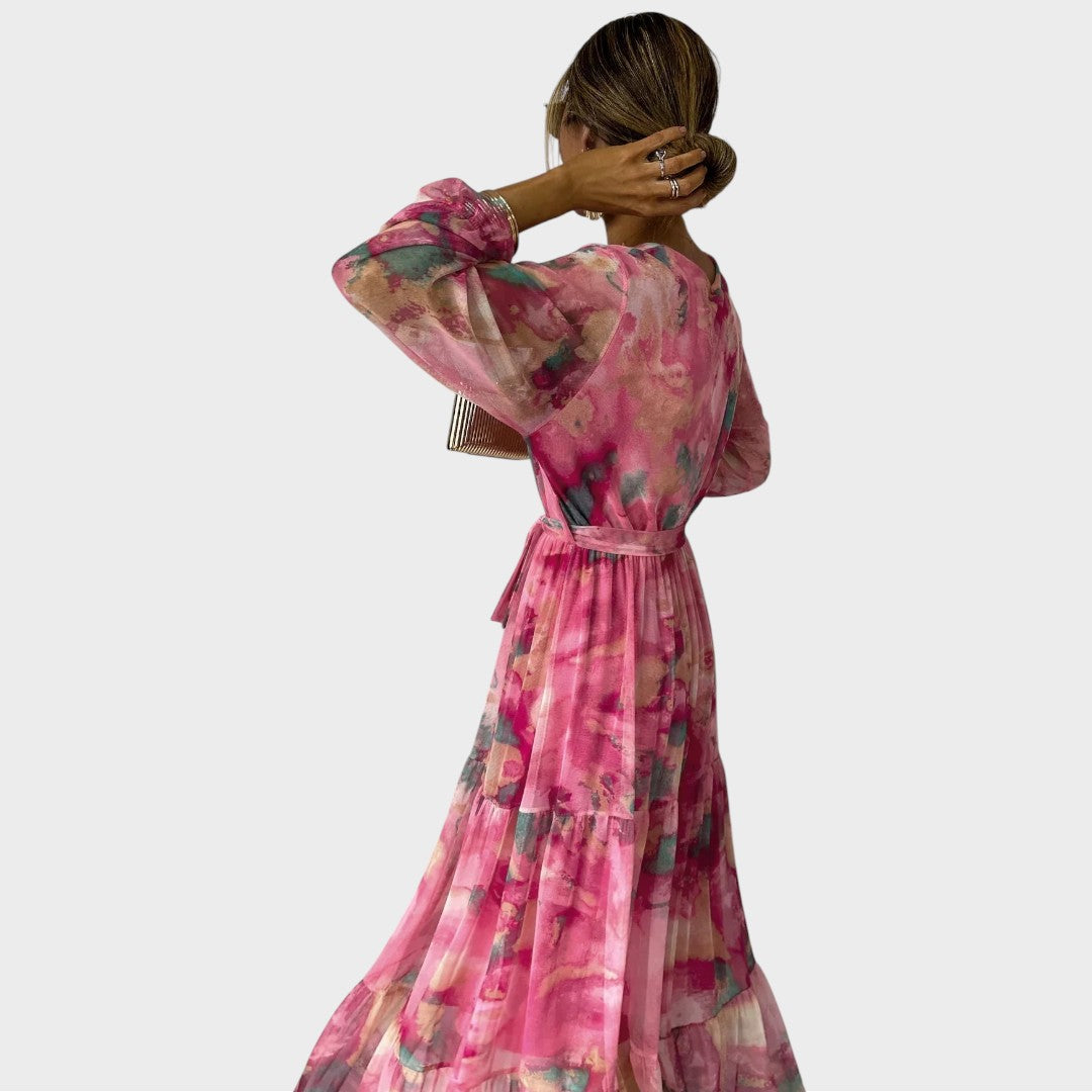 Marcelina | Vestido largo cruzado con estampado floral y manga larga