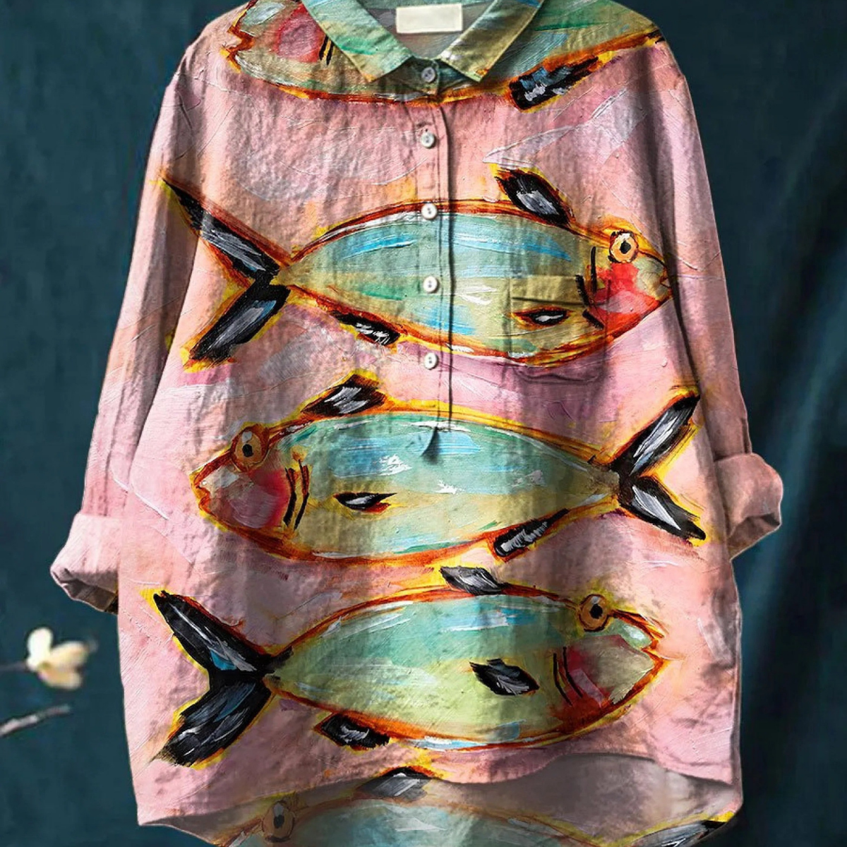Marisol | Blusa informal de mujer vintage con estampado artístico de peces