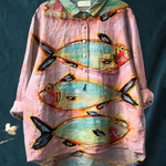 Marisol | Blusa informal de mujer vintage con estampado artístico de peces