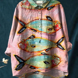 Marisol | Blusa informal de mujer vintage con estampado artístico de peces