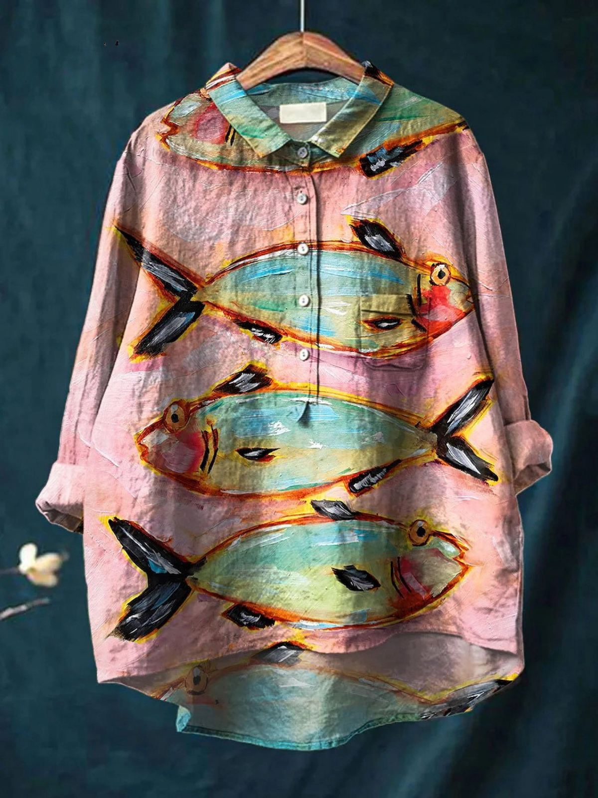 Marisol | Blusa informal de mujer vintage con estampado artístico de peces