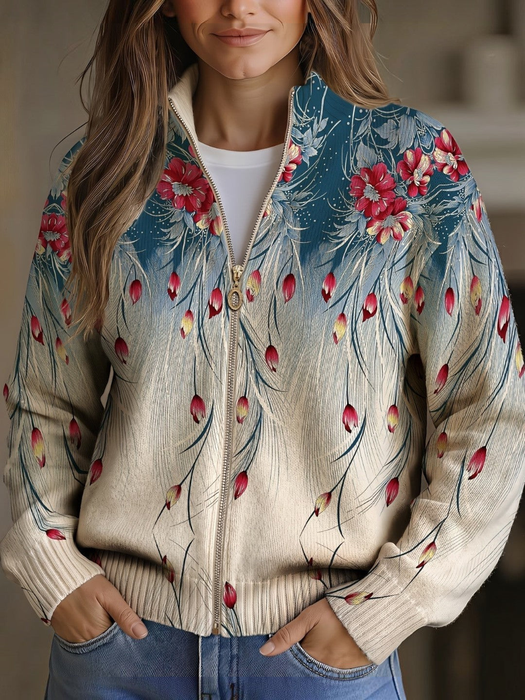 Martirio | Cárdigan con estampado de plumas de pavo real