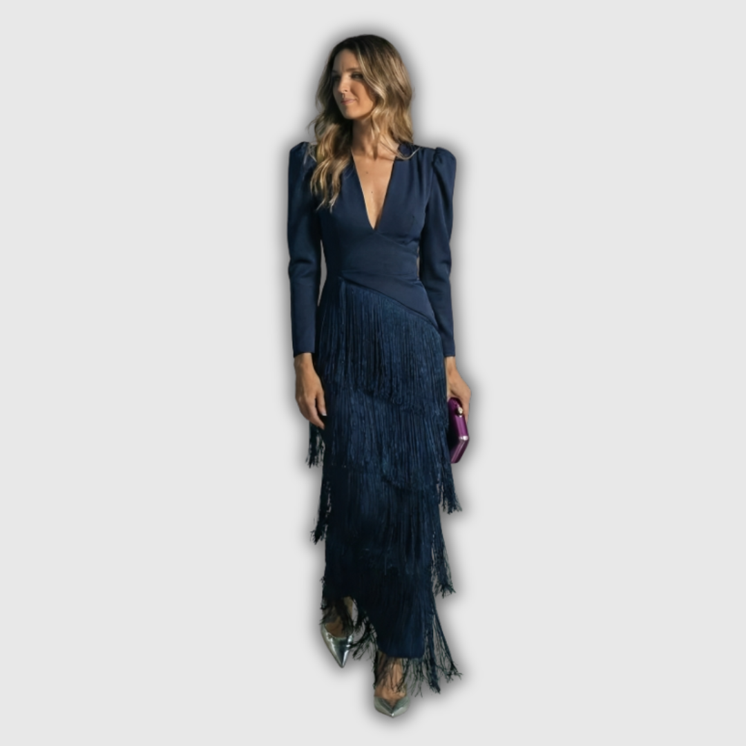 Matilde | Vestido largo elegante de manga larga con flecos