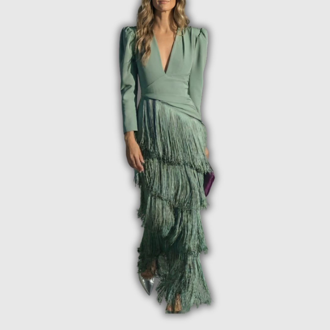Matilde | Vestido largo elegante de manga larga con flecos