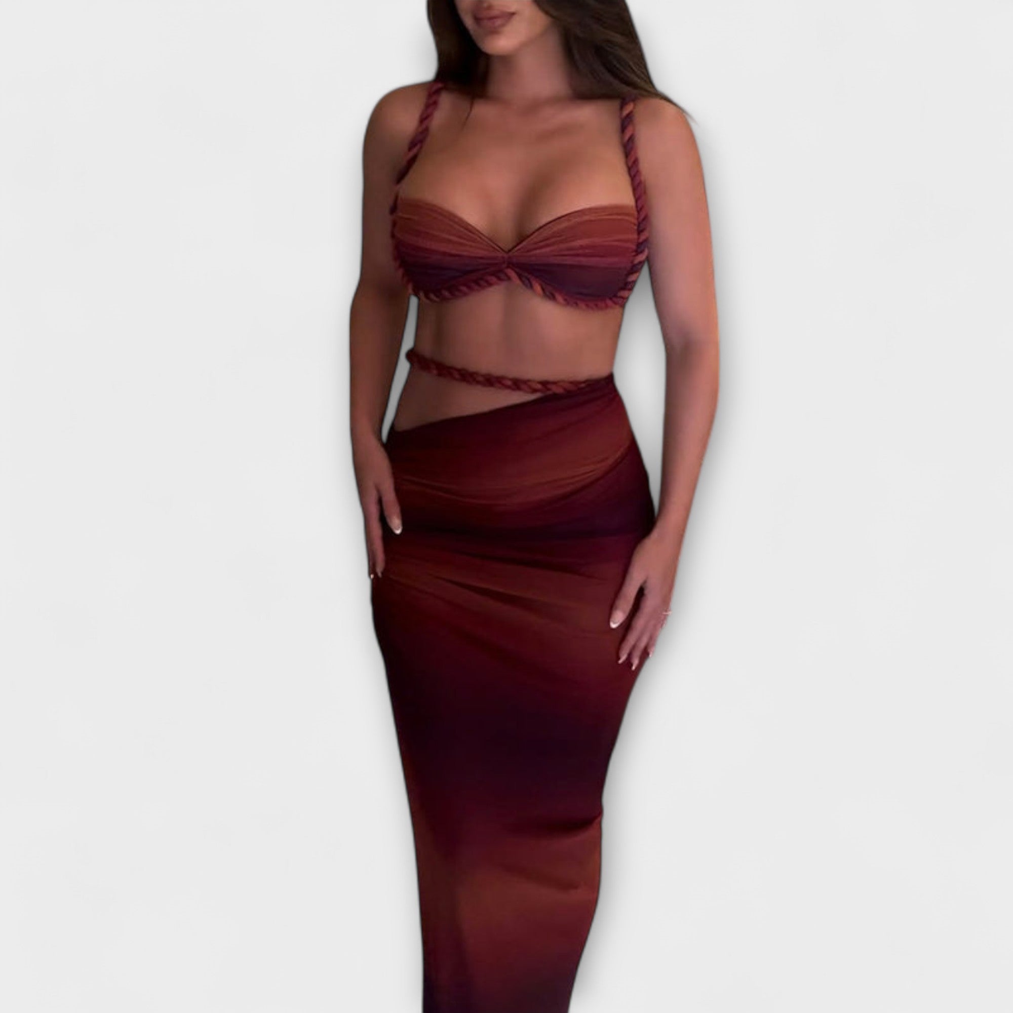 Melania | Conjunto de crop top trenzado degradado y falda superpuesta
