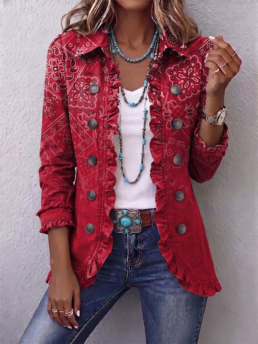 Mencía | Chaqueta bohemia con volantes y estampado de cachemira (paisley) degradado