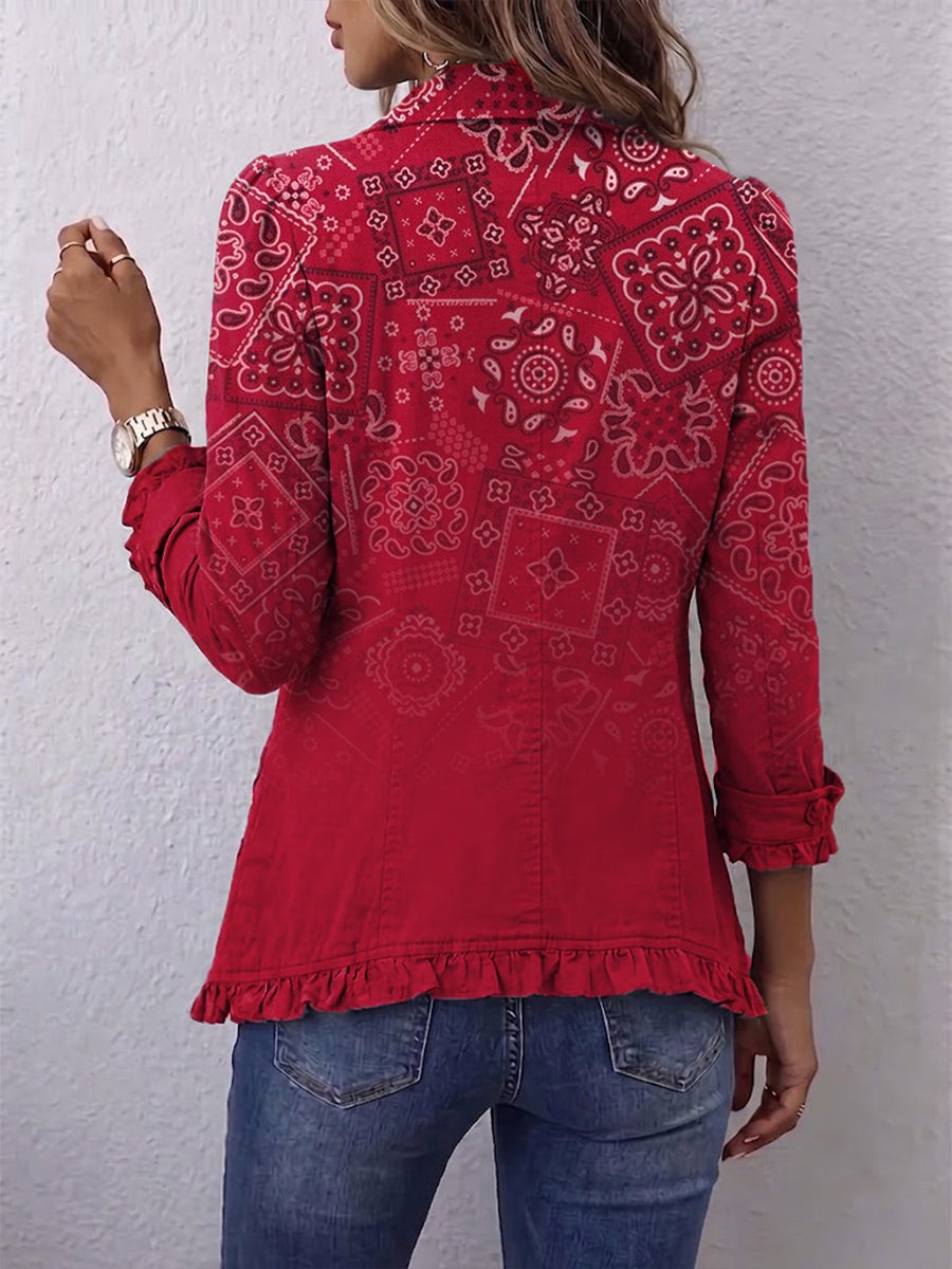 Mencía | Chaqueta bohemia con volantes y estampado de cachemira (paisley) degradado