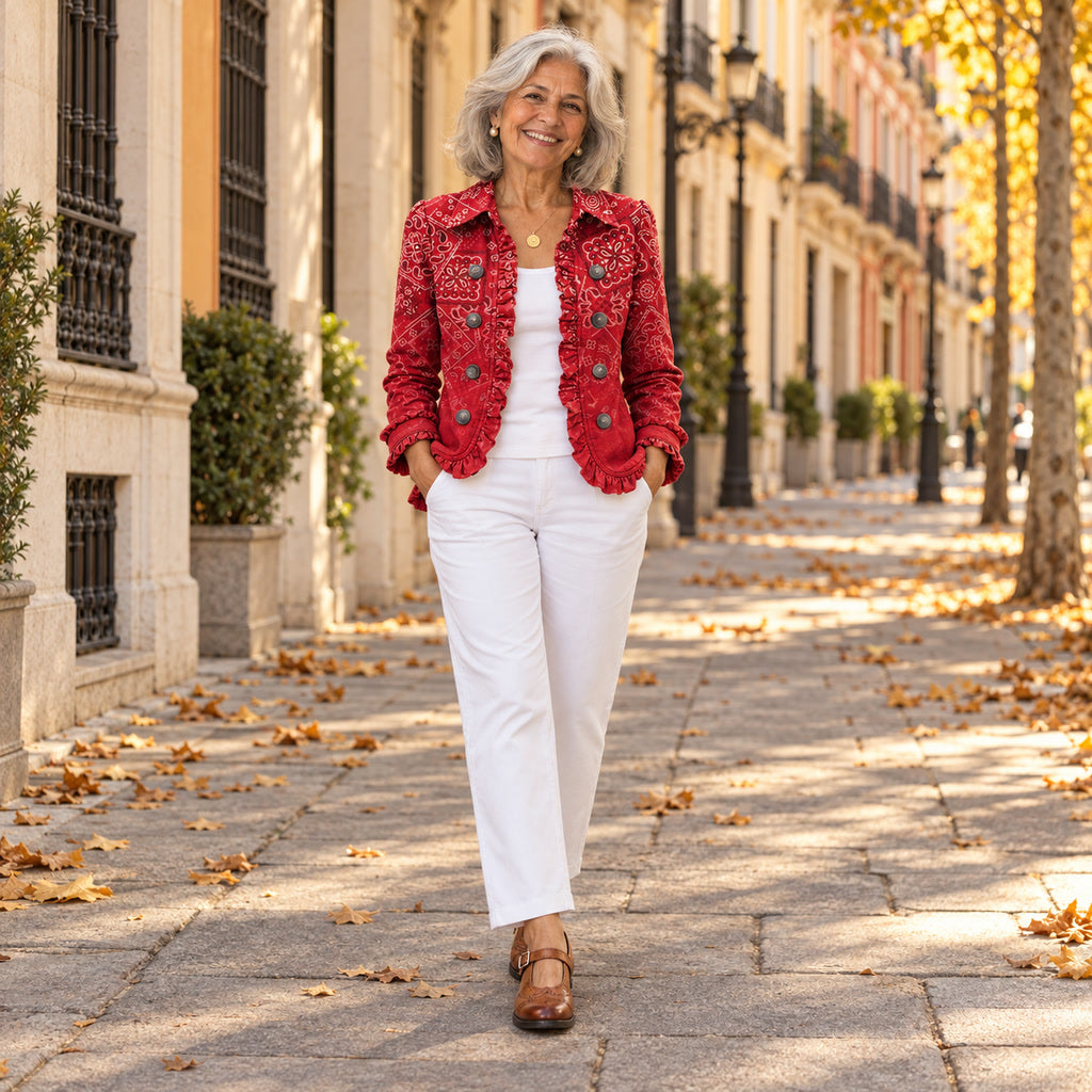 Mencía | Chaqueta bohemia con volantes y estampado de cachemira (paisley) degradado, en la calle