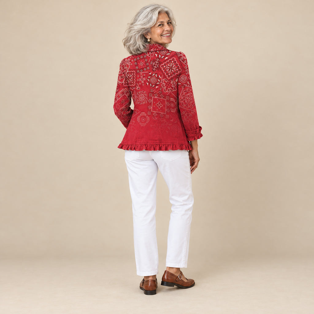 Mencía | Chaqueta bohemia con volantes y estampado de cachemira (paisley) degradado, vista de espaldas