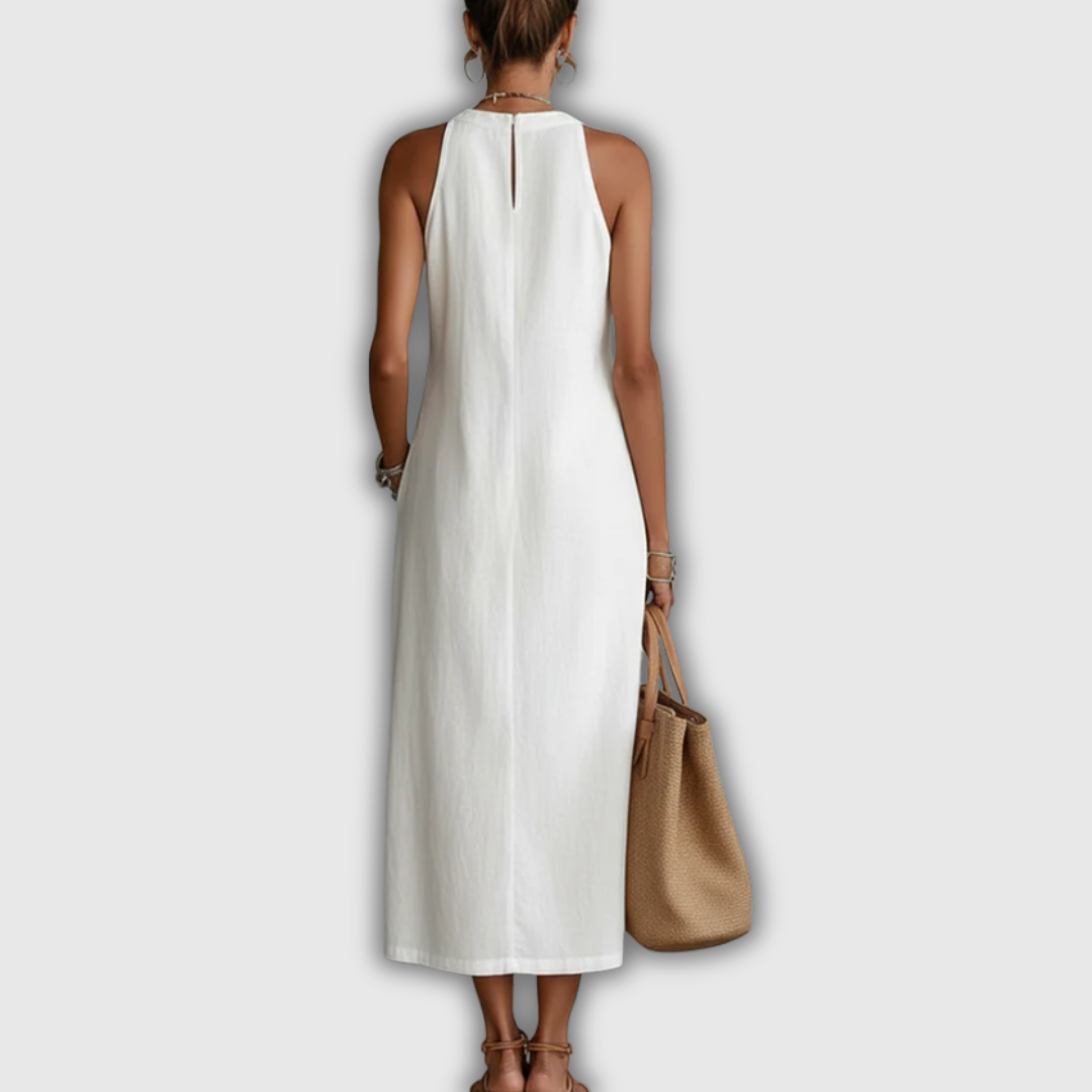 Micaela Lourdes | Vestido midi de algodón y lino con cuello mao