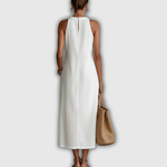 Micaela Lourdes | Vestido midi de algodón y lino con cuello mao