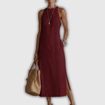 Micaela Lourdes | Vestido midi de algodón y lino con cuello mao