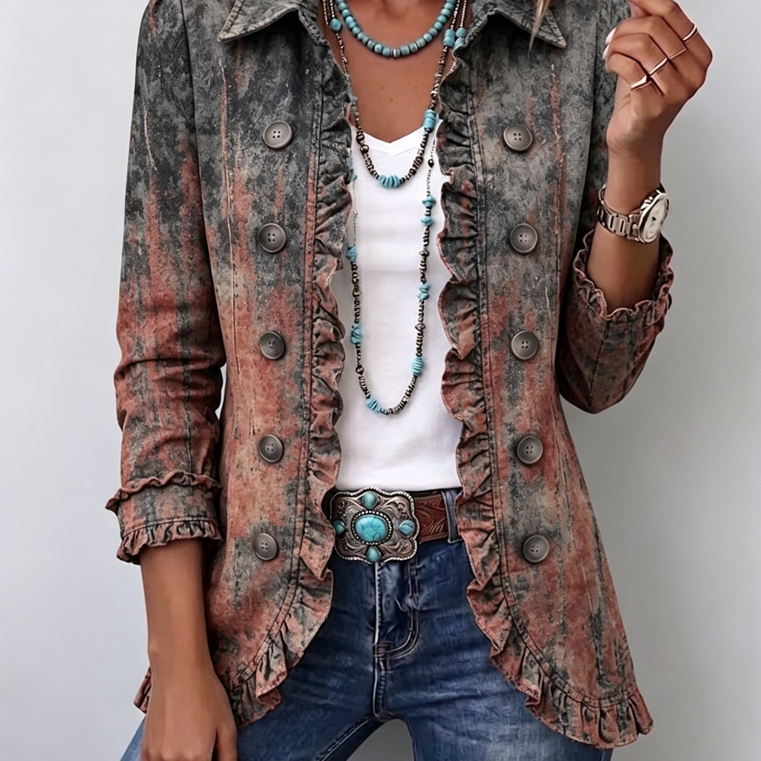 Mirella | Chaqueta vintage con volantes y estampado degradado texturizado