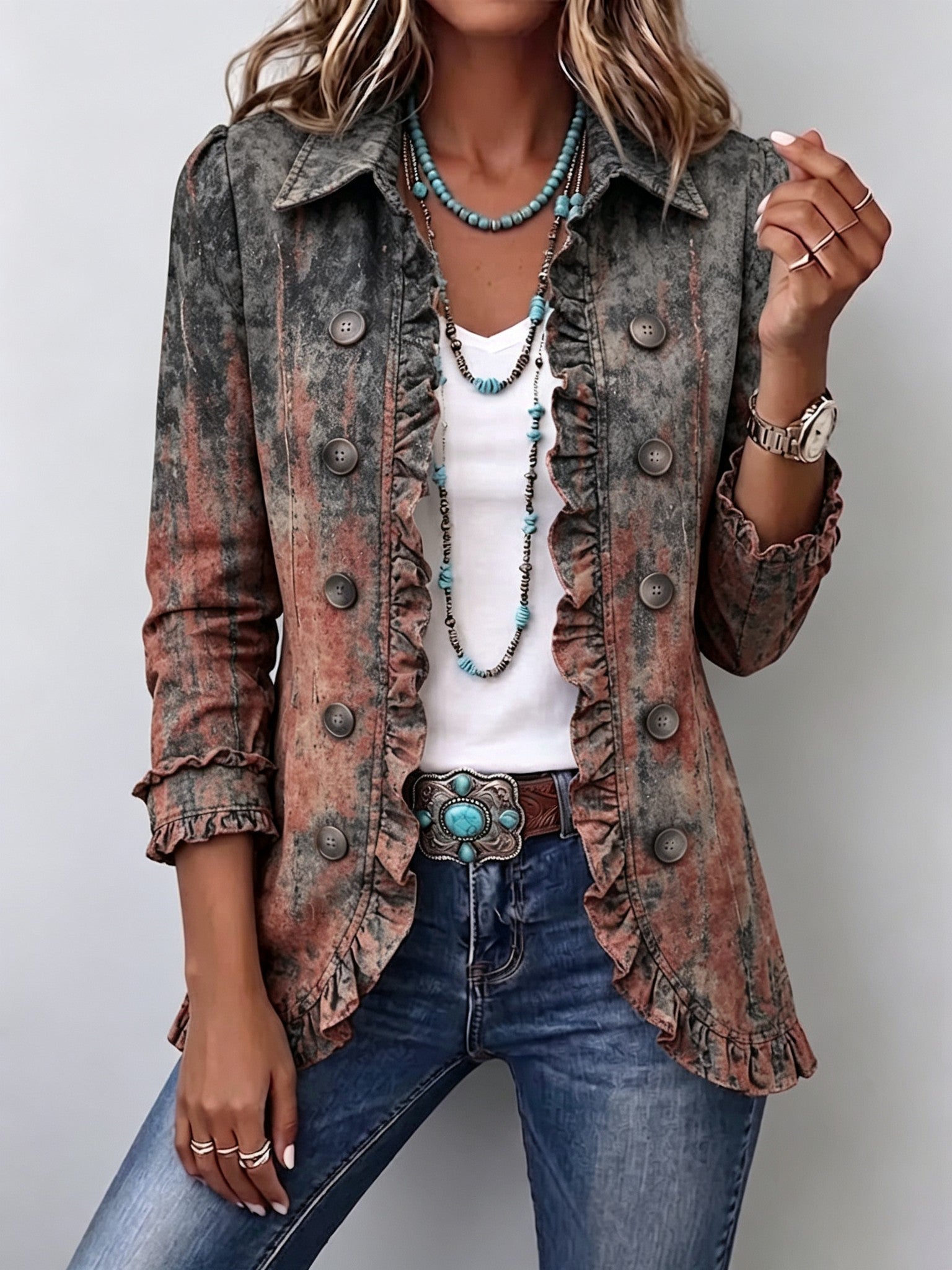 Mirella | Chaqueta vintage con volantes y estampado degradado texturizado