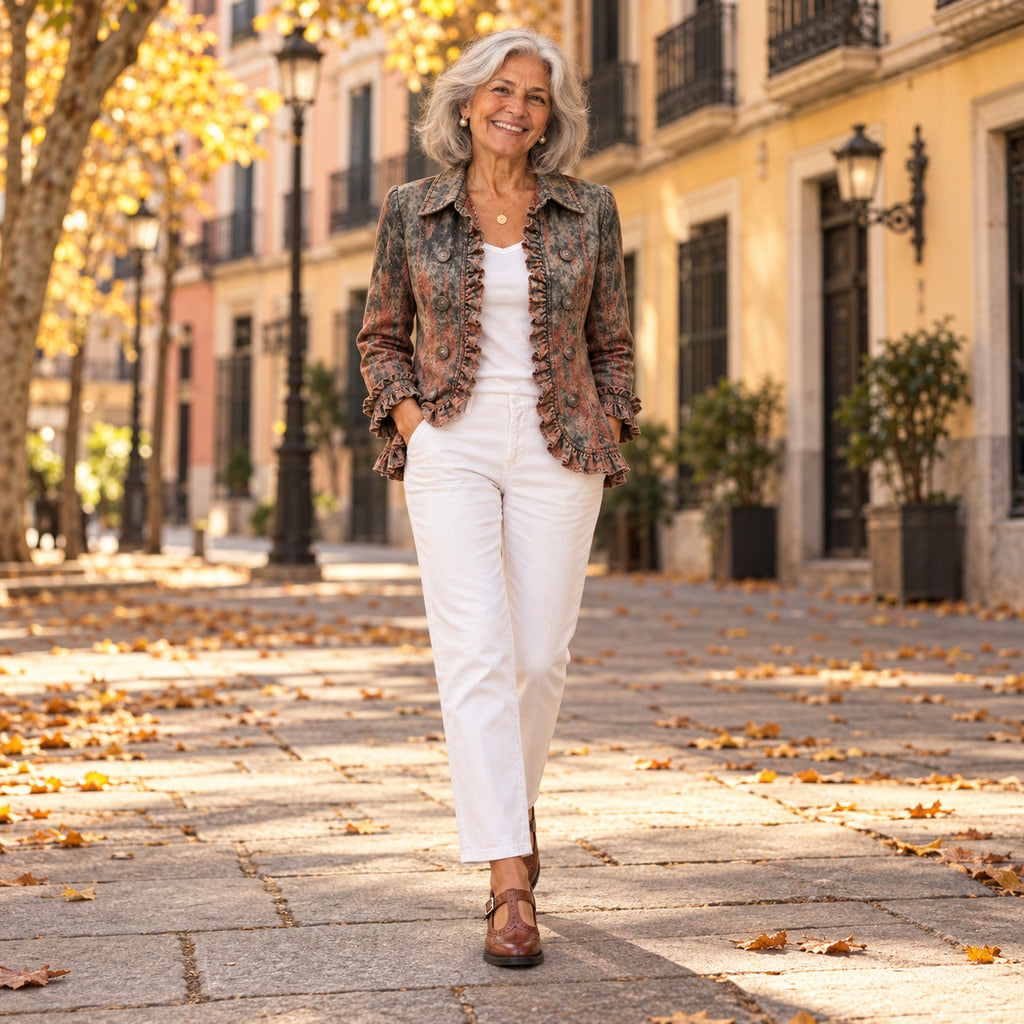 Mirella | Chaqueta vintage con volantes y estampado degradado texturizado, en la calle
