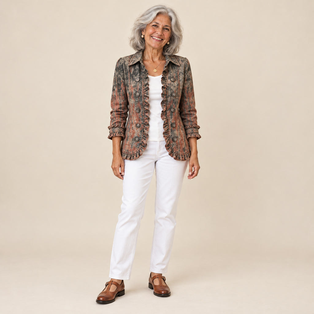 Mirella | Chaqueta vintage con volantes y estampado degradado texturizado, vista de frente