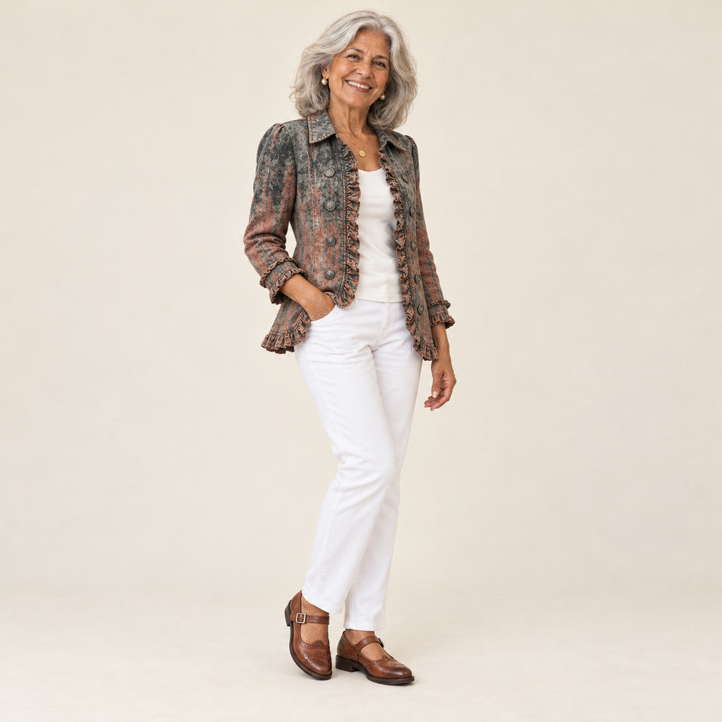 Mirella | Chaqueta vintage con volantes y estampado degradado texturizado, vista de tres cuartos