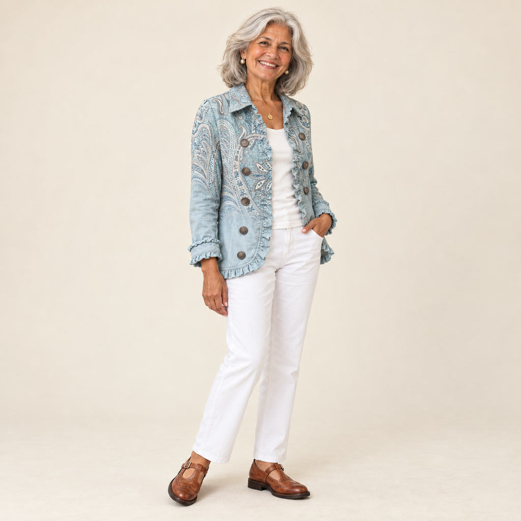 Nahia | Chaqueta vintage con volantes de cachemira (paisley), vista de tres cuartos