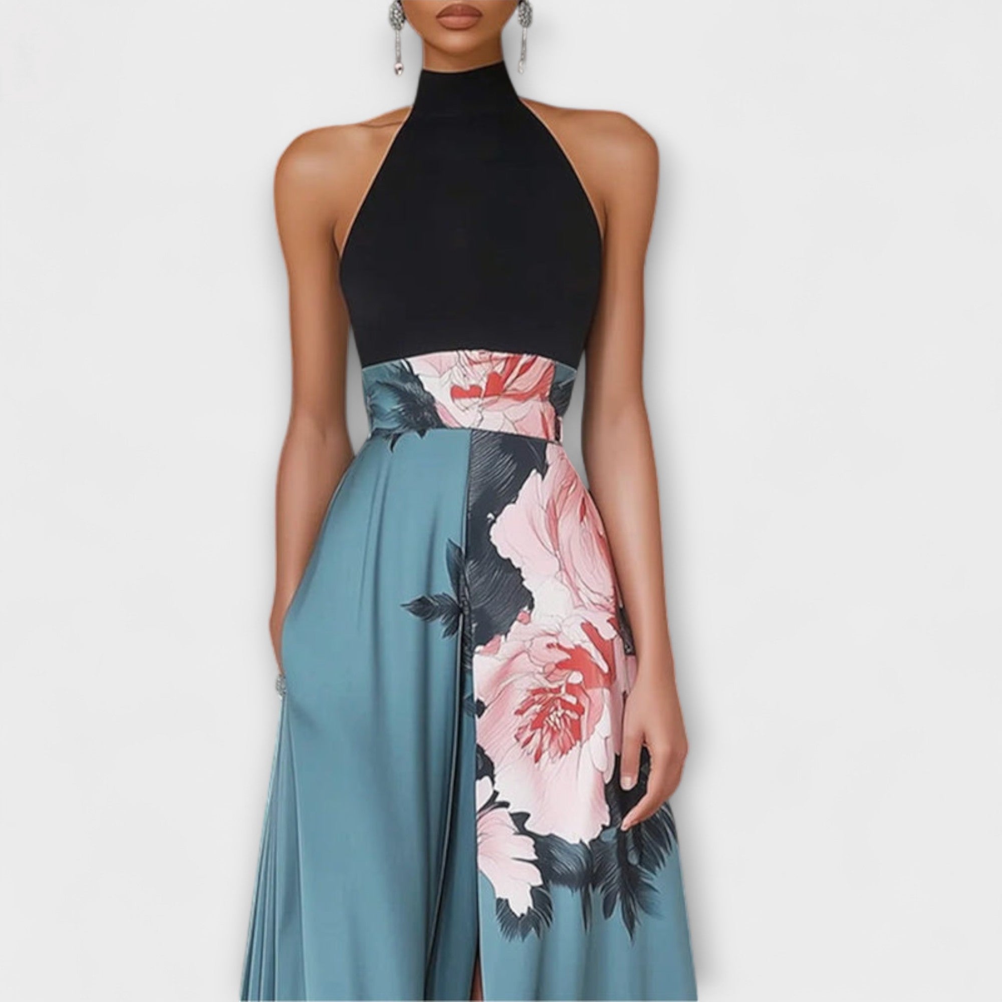 Nahia | Vestido largo evasé de flores con cuello redondo y sin mangas