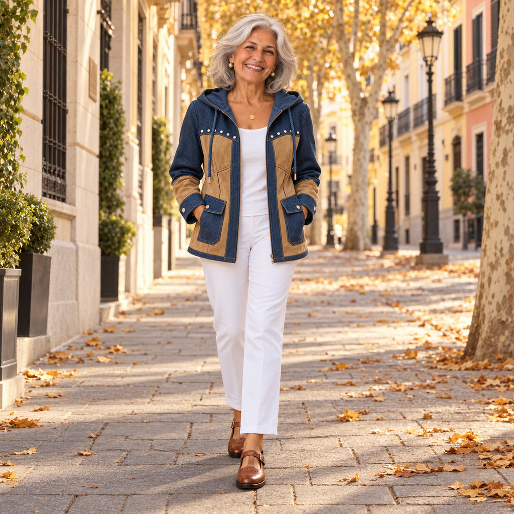 Nayara | Chaqueta con capucha azul marino y camel, en la calle