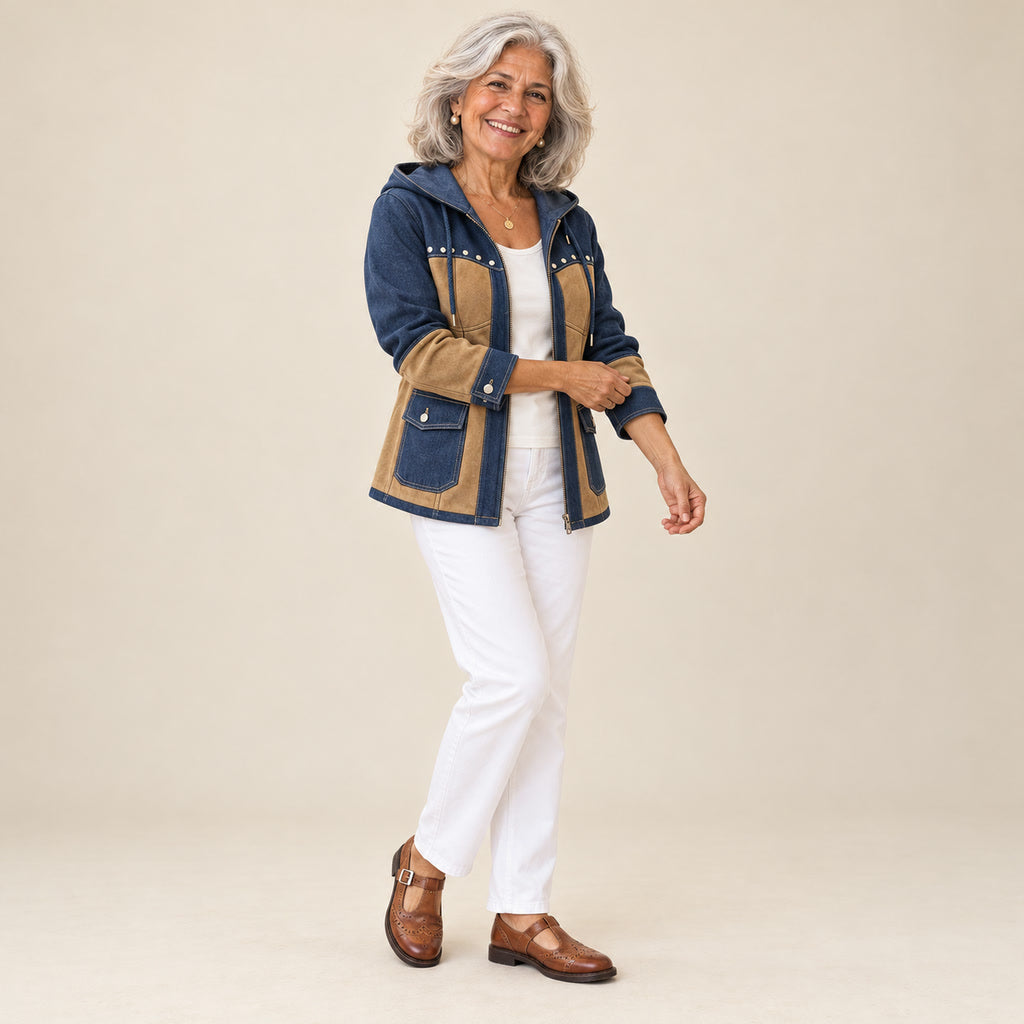 Nayara | Chaqueta con capucha azul marino y camel, vista de tres cuartos