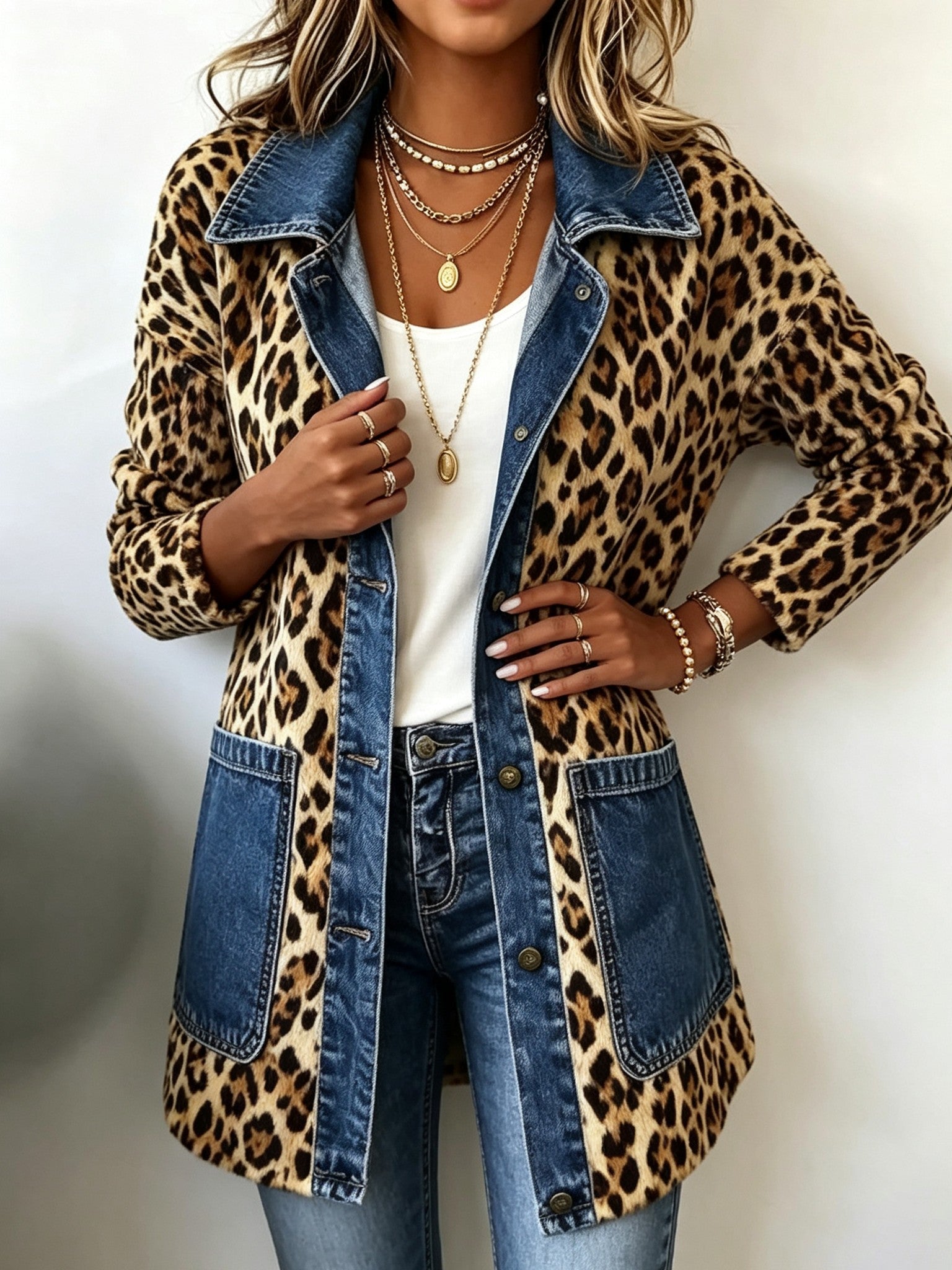 Nidia | Chaqueta larga de leopardo con paneles vaqueros