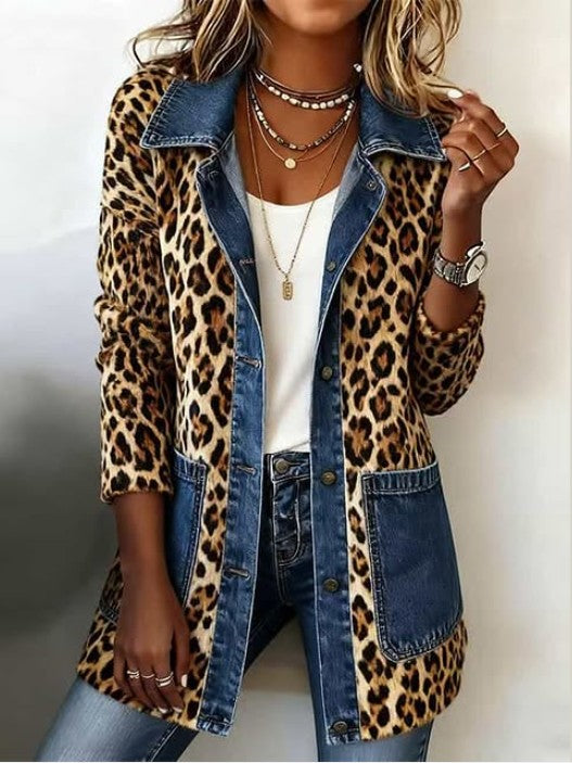 Nidia | Chaqueta larga de leopardo con paneles vaqueros