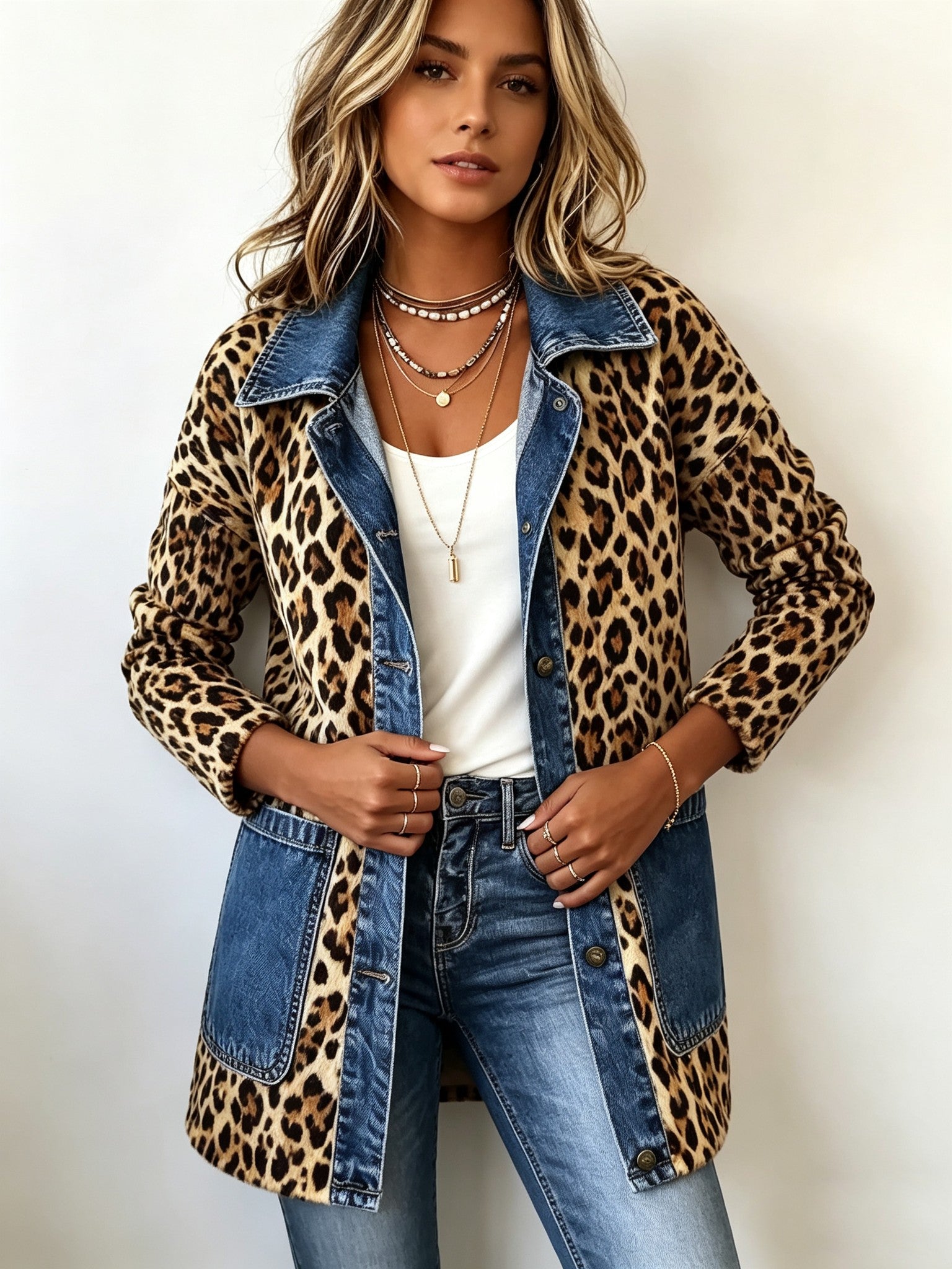 Nidia | Chaqueta larga de leopardo con paneles vaqueros