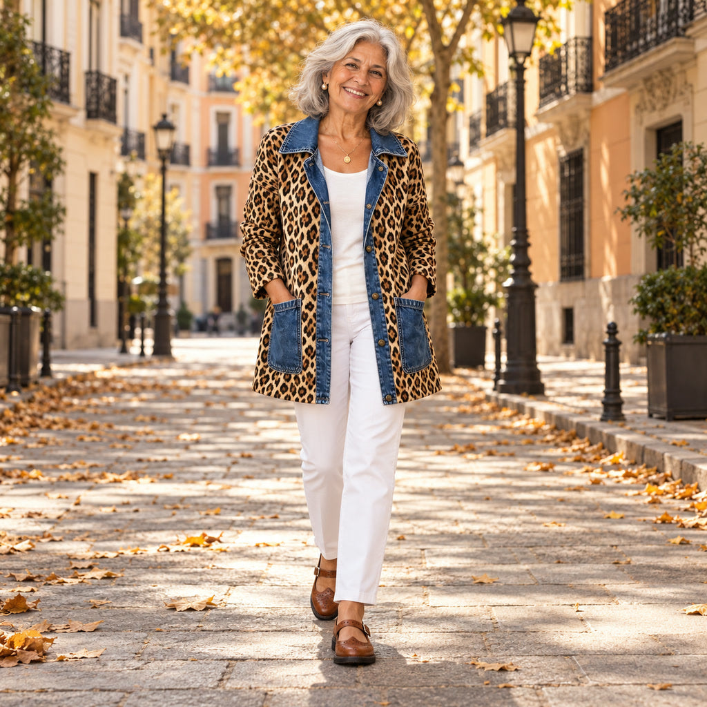 Nidia | Chaqueta larga de leopardo con paneles vaqueros, en la calle