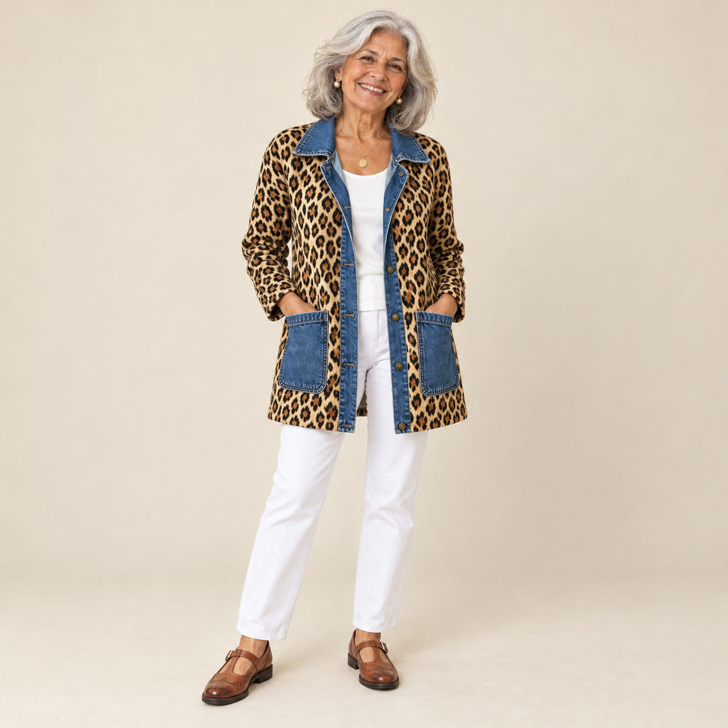 Nidia | Chaqueta larga de leopardo con paneles vaqueros, vista de frente
