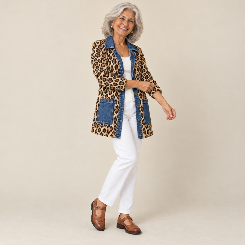 Nidia | Chaqueta larga de leopardo con paneles vaqueros, vista de tres cuartos