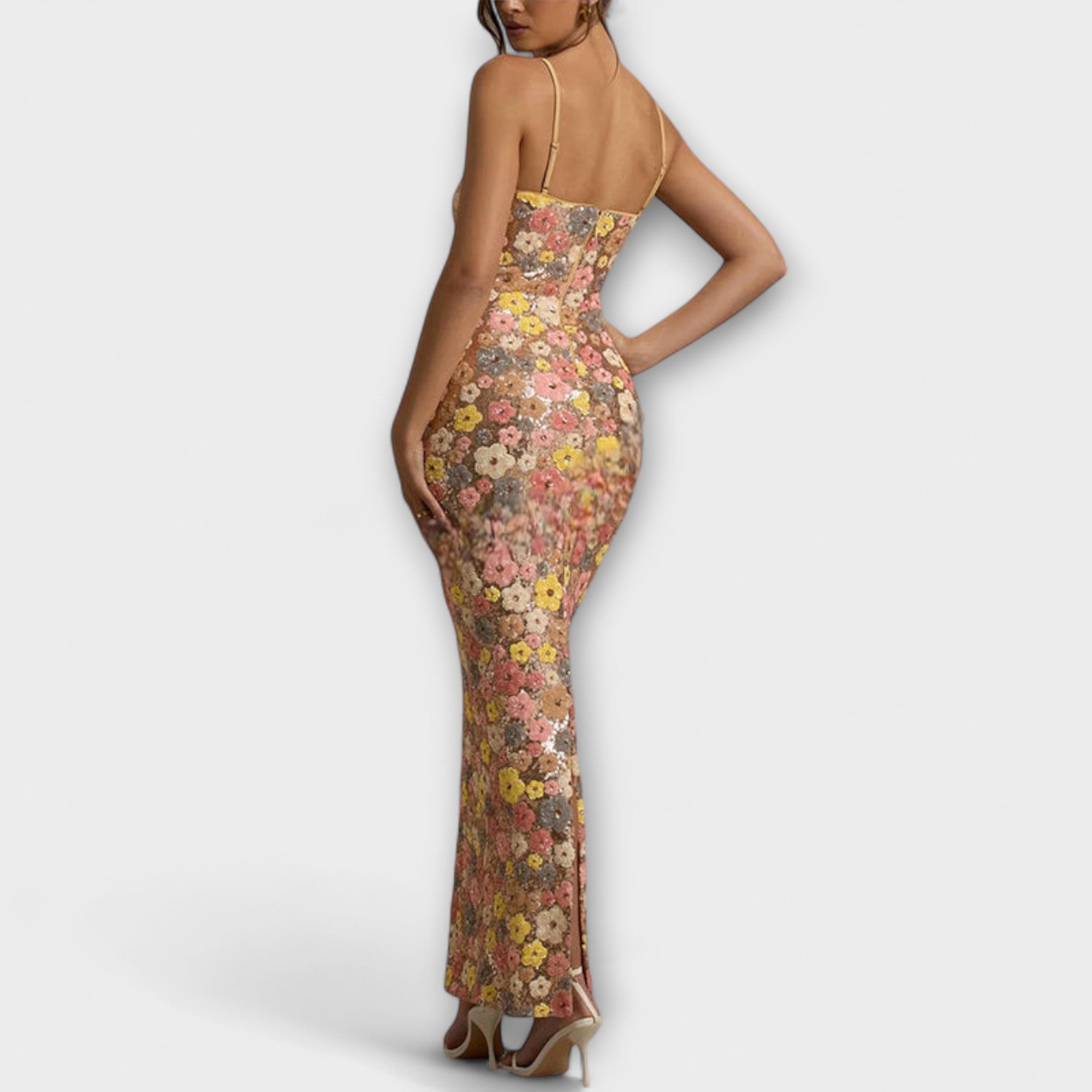 Nuria | Vestido largo con lentejuelas florales estilo años 80