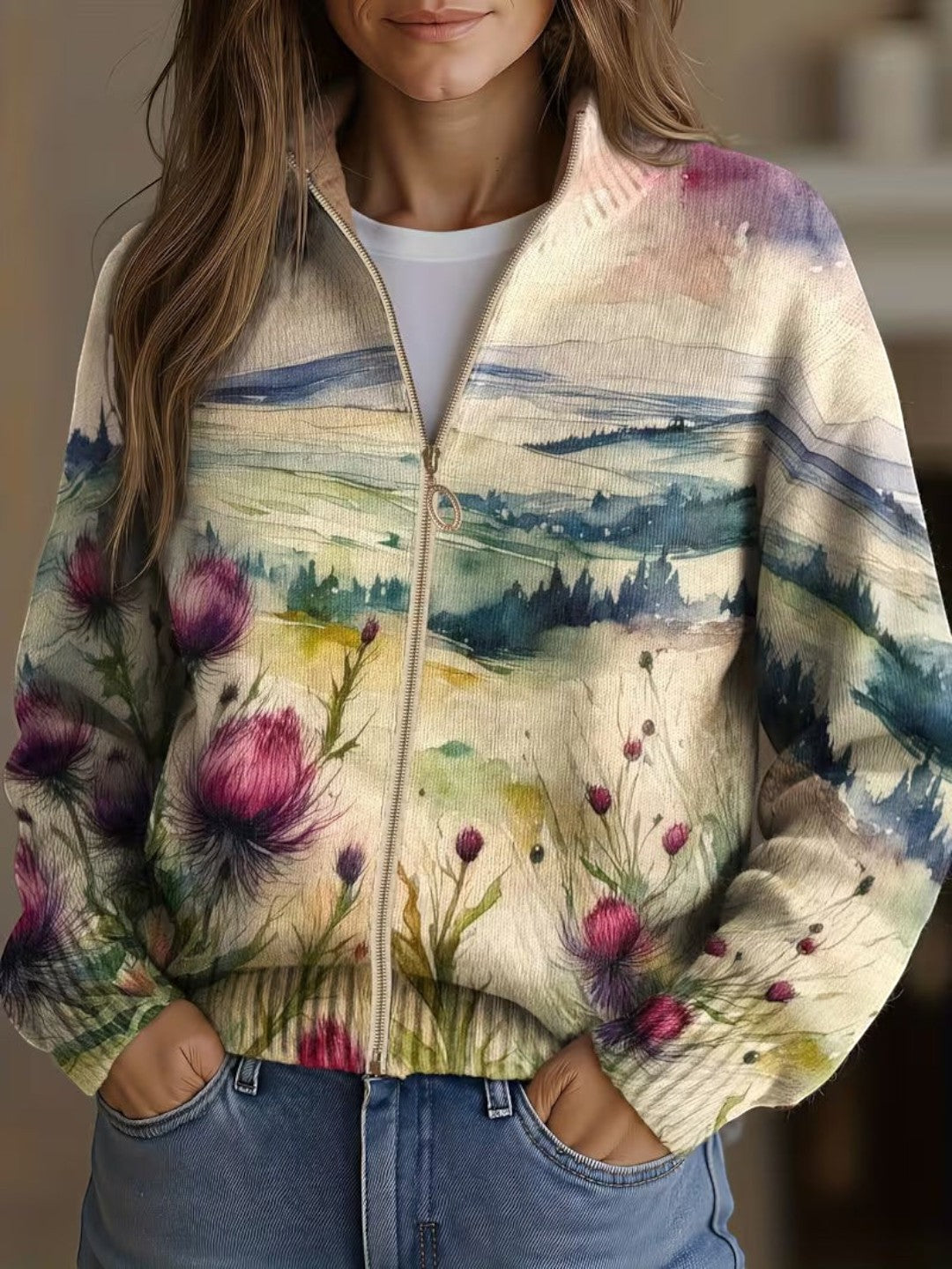 Oihana | Cárdigan con estampado de cardos y paisaje