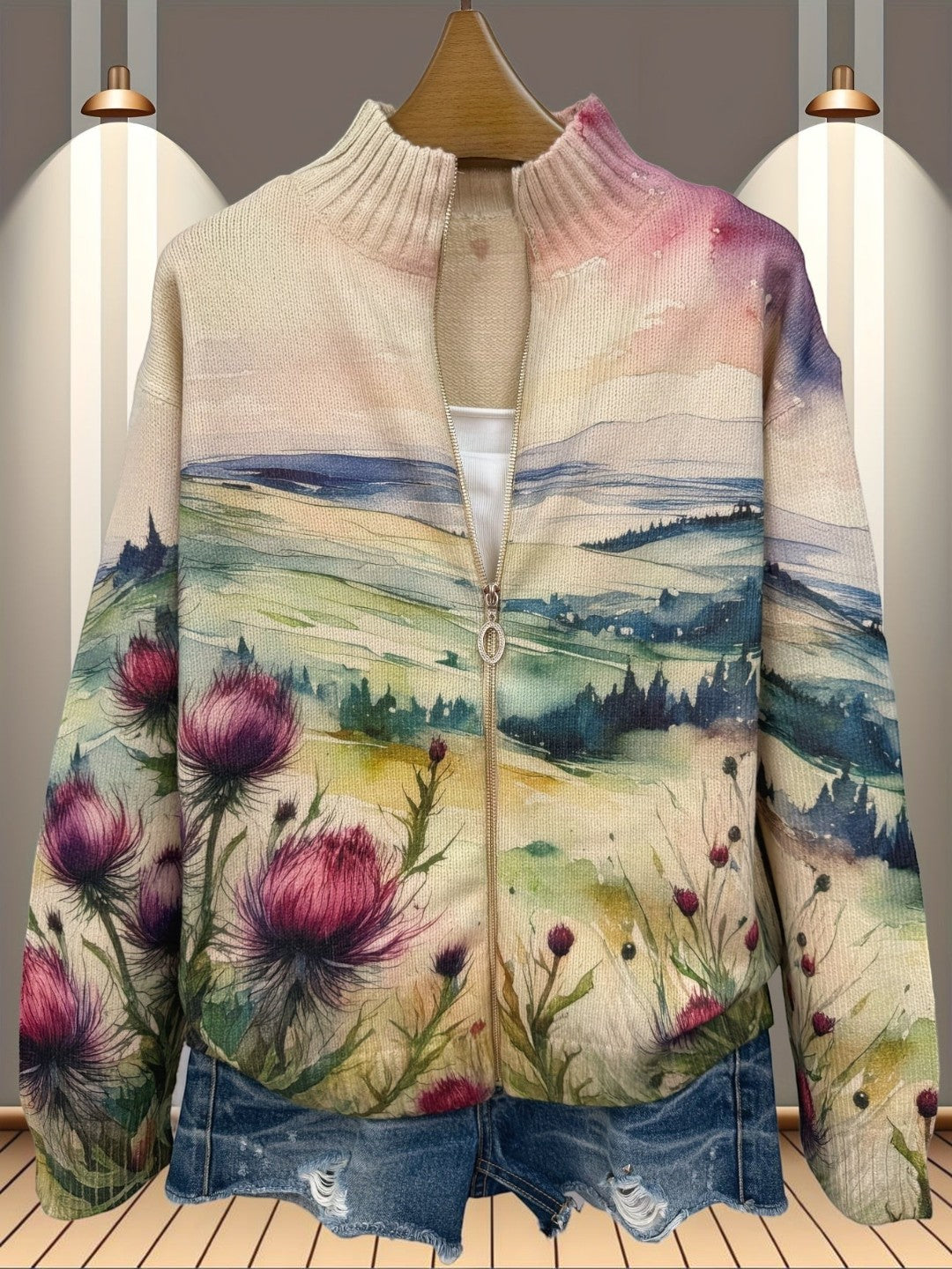 Oihana | Cárdigan con estampado de cardos y paisaje