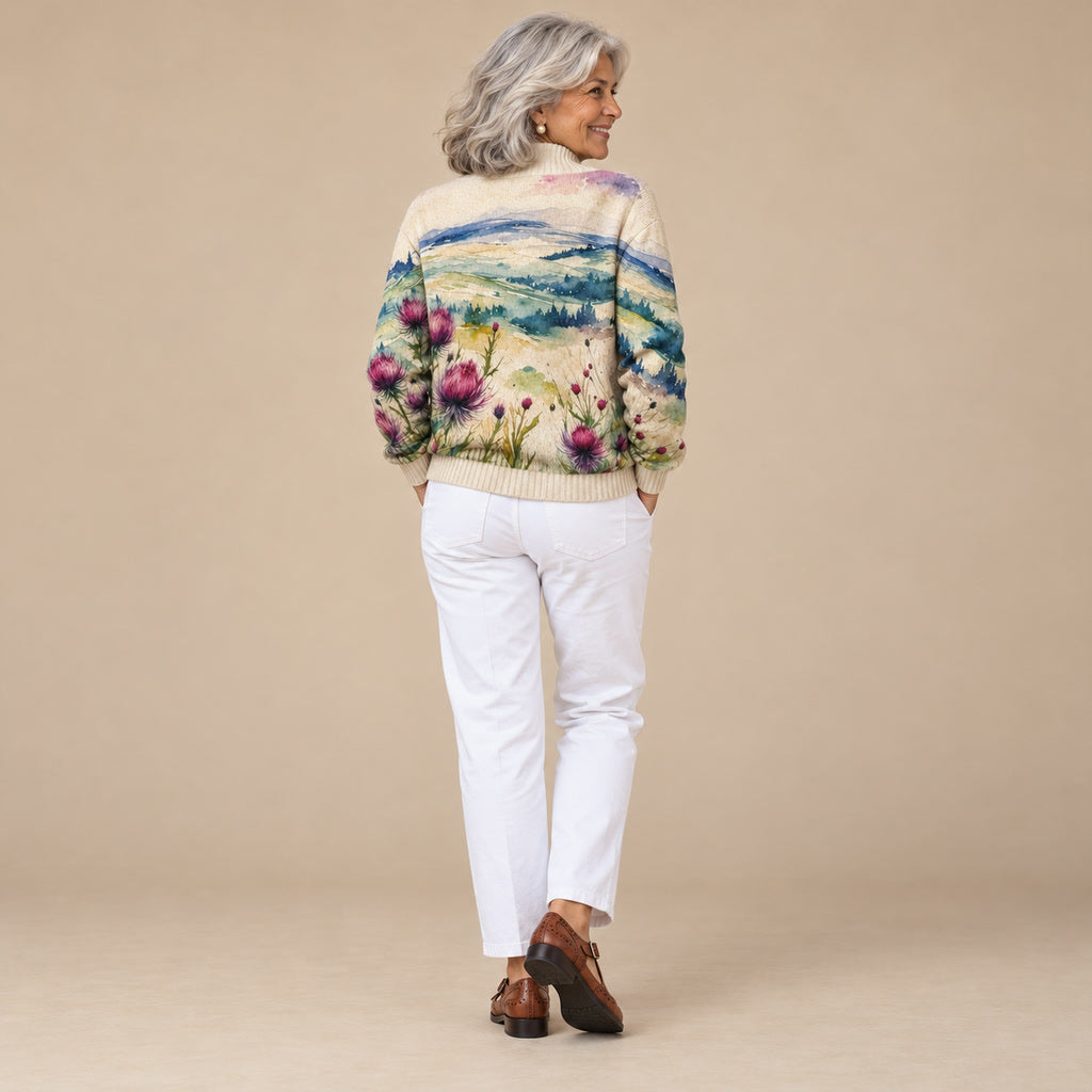 Oihana | Cárdigan con estampado de cardos y paisaje, vista de espaldas