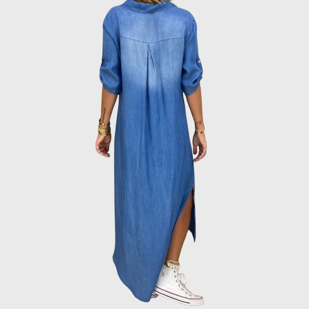 Olimpia | Vestido largo efecto denim con abertura lateral
