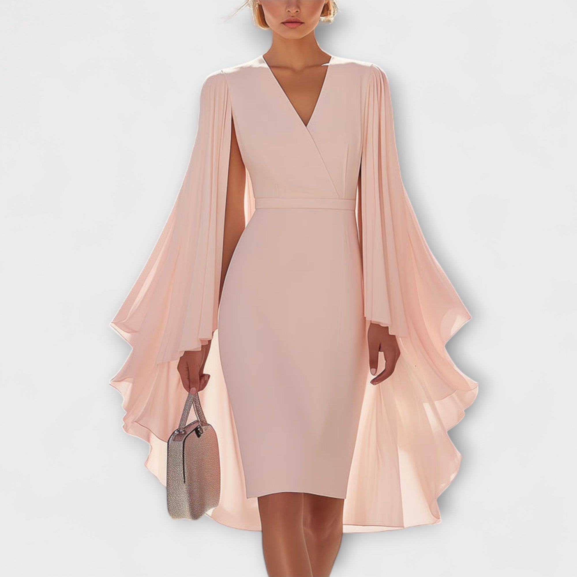 Otilia | Vestido midi rosa claro con cuello en V y mangas de gasa