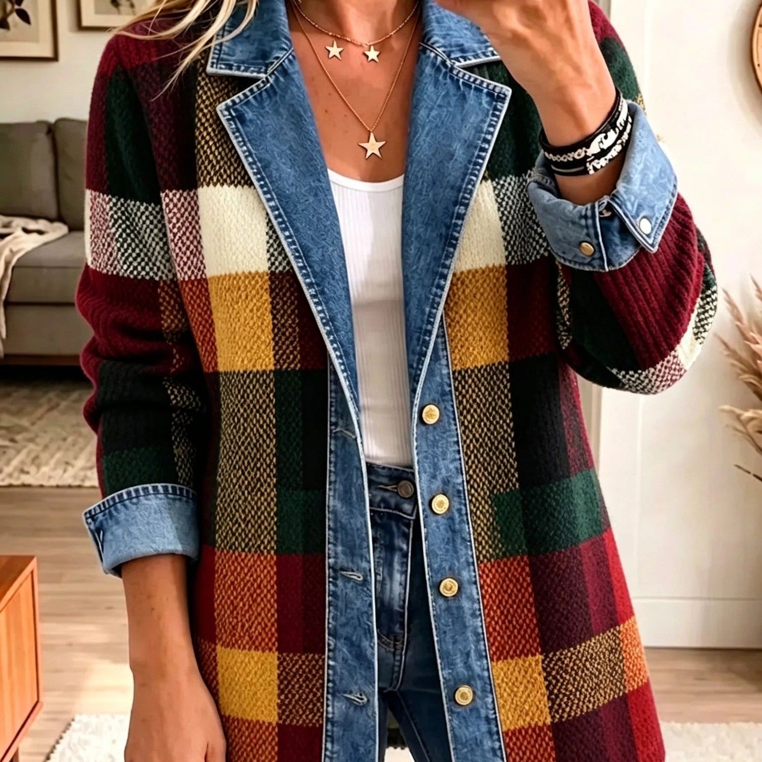 Pía | Chaqueta vaquera color block de cuadros