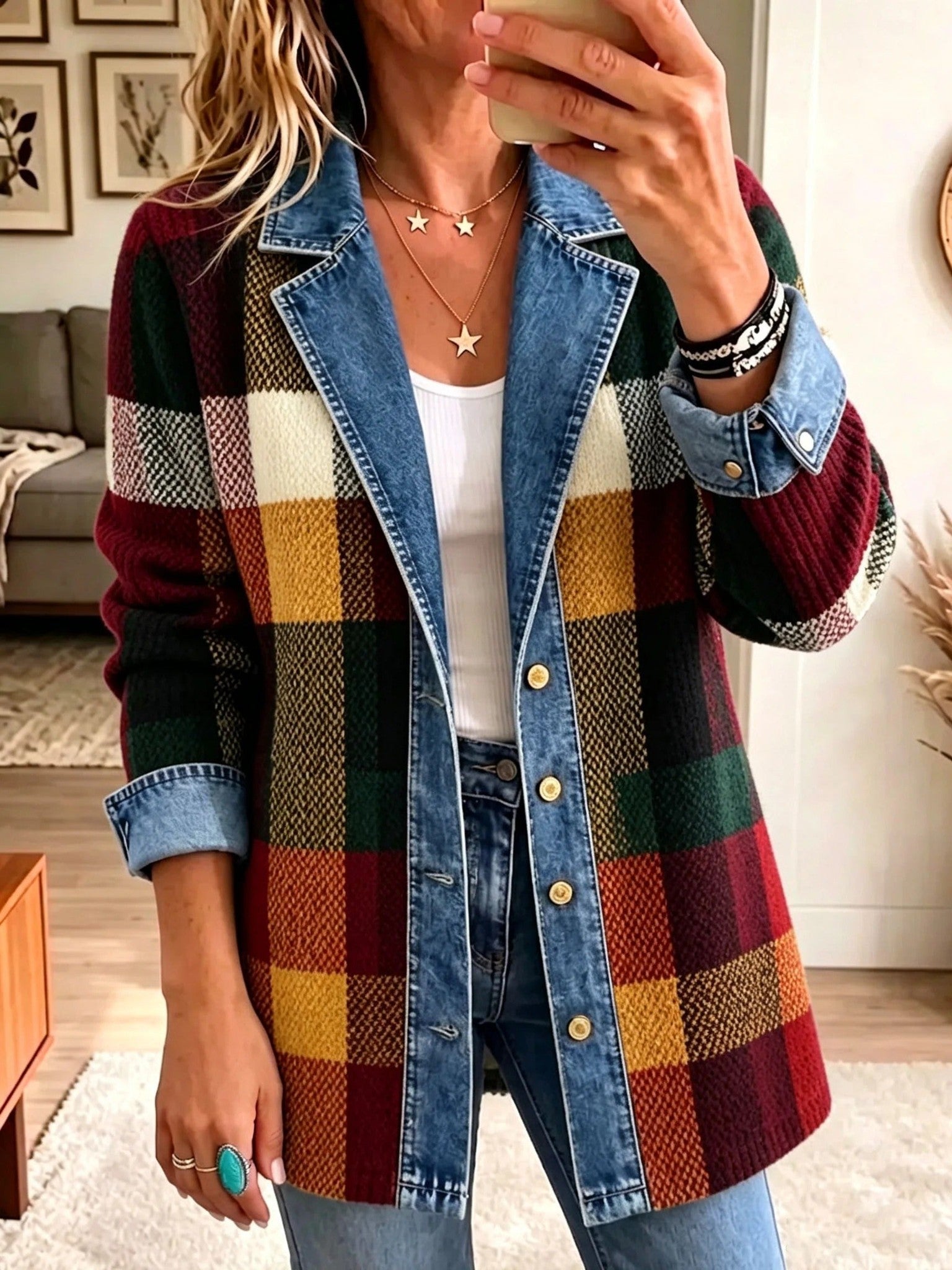 Pía | Chaqueta vaquera color block de cuadros