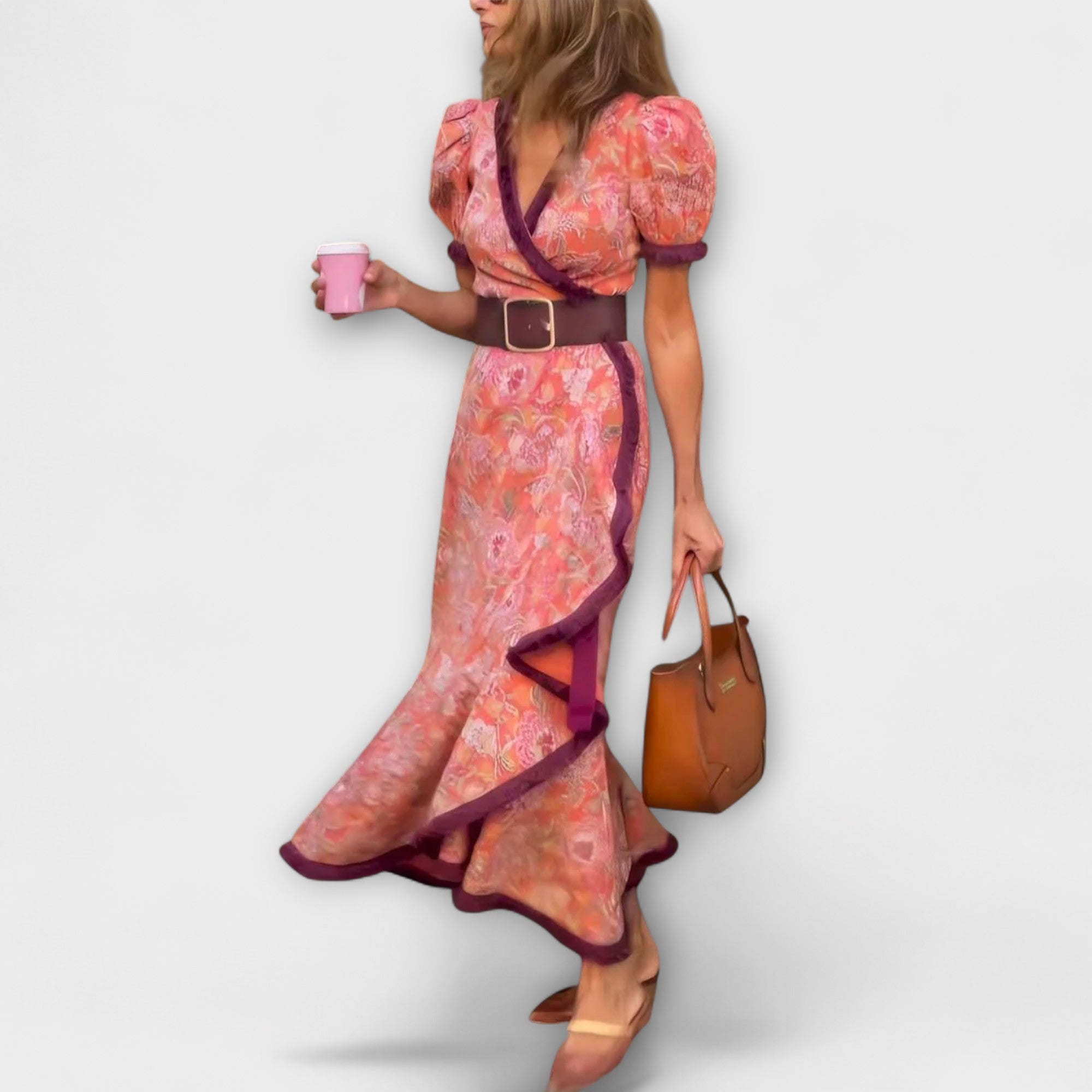 Piedad Lourdes | Vestido largo rosa elegante de manga corta