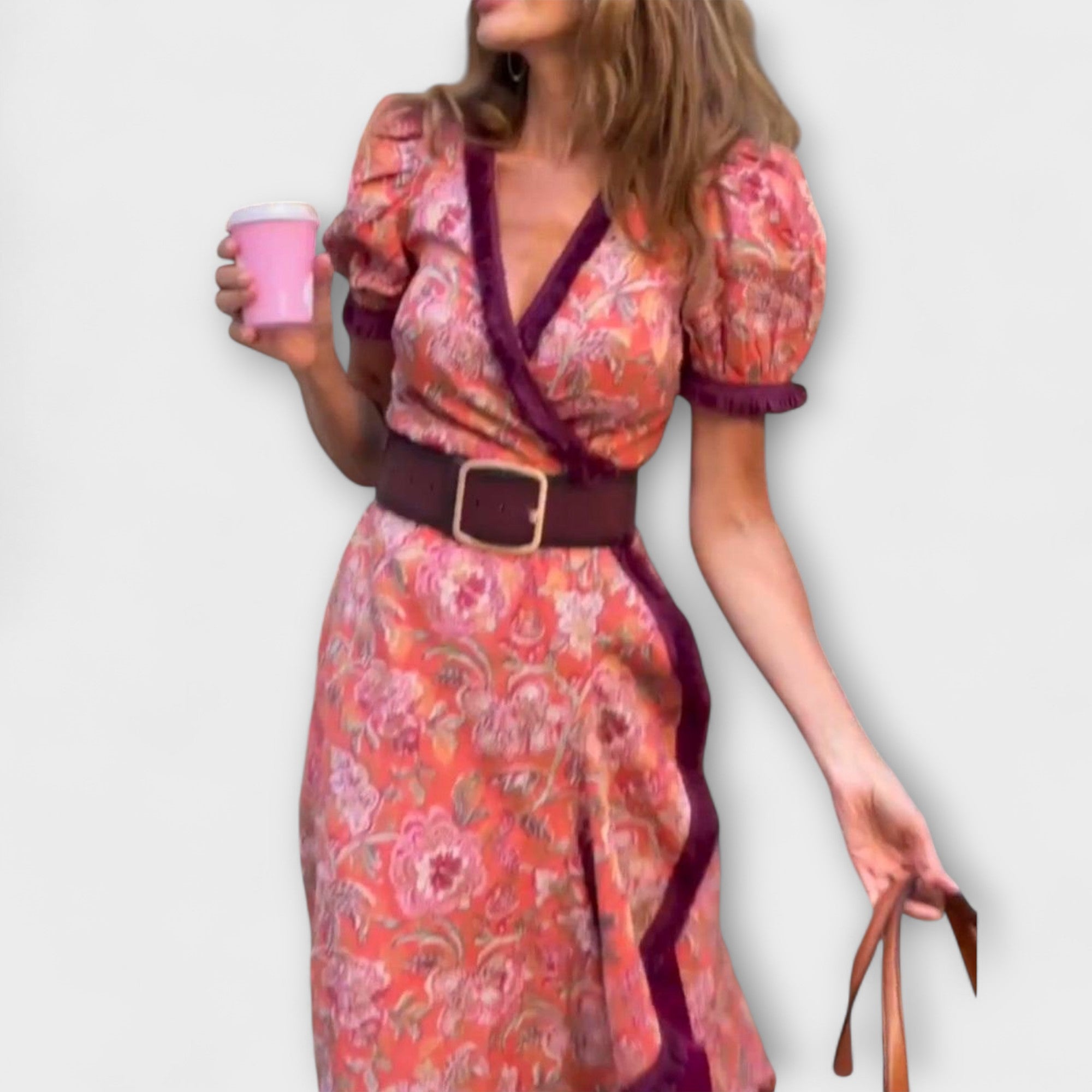 Piedad Lourdes | Vestido largo rosa elegante de manga corta
