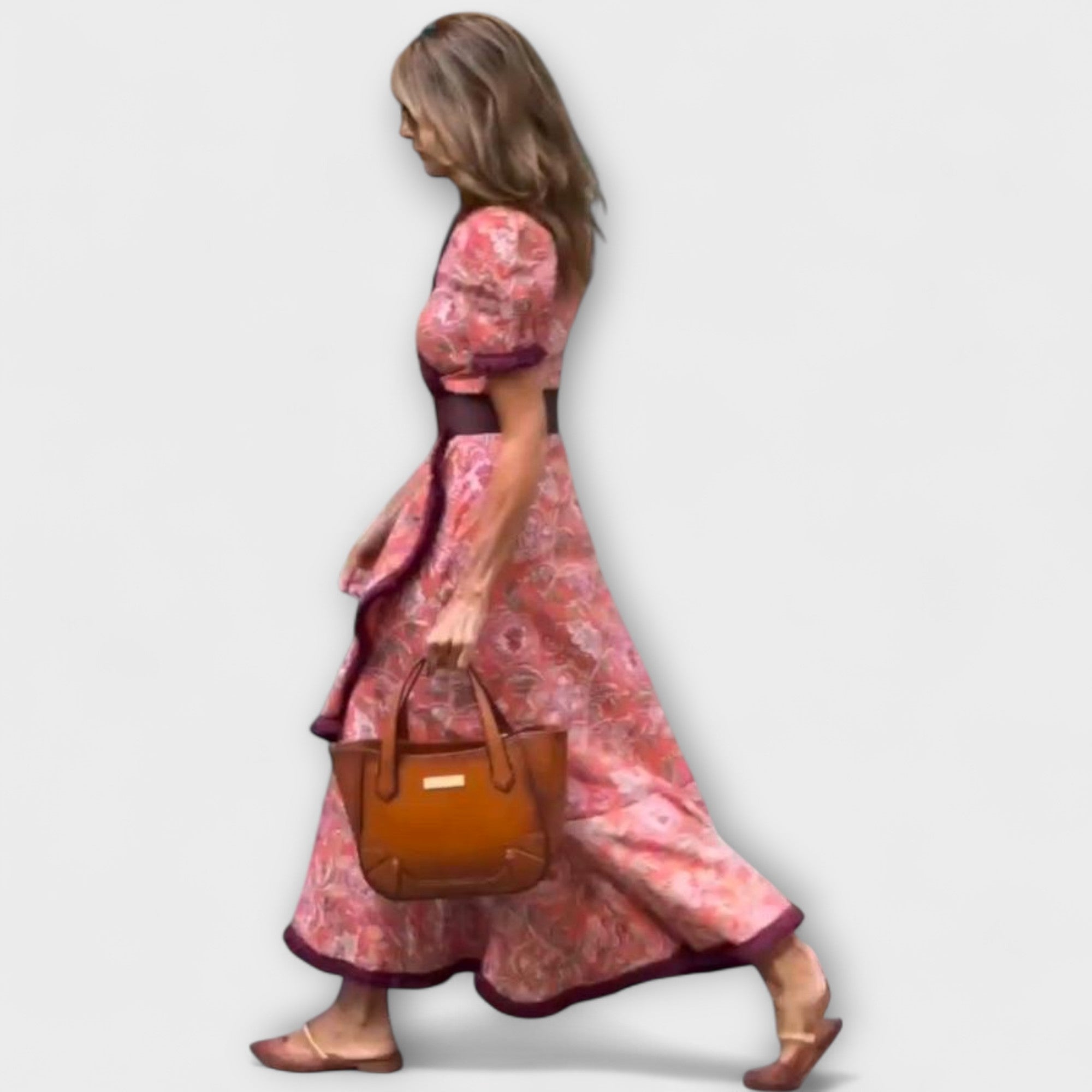 Piedad Lourdes | Vestido largo rosa elegante de manga corta
