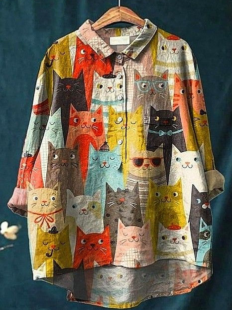 Purificación | Blusa informal de mujer con estampado artístico de gatos