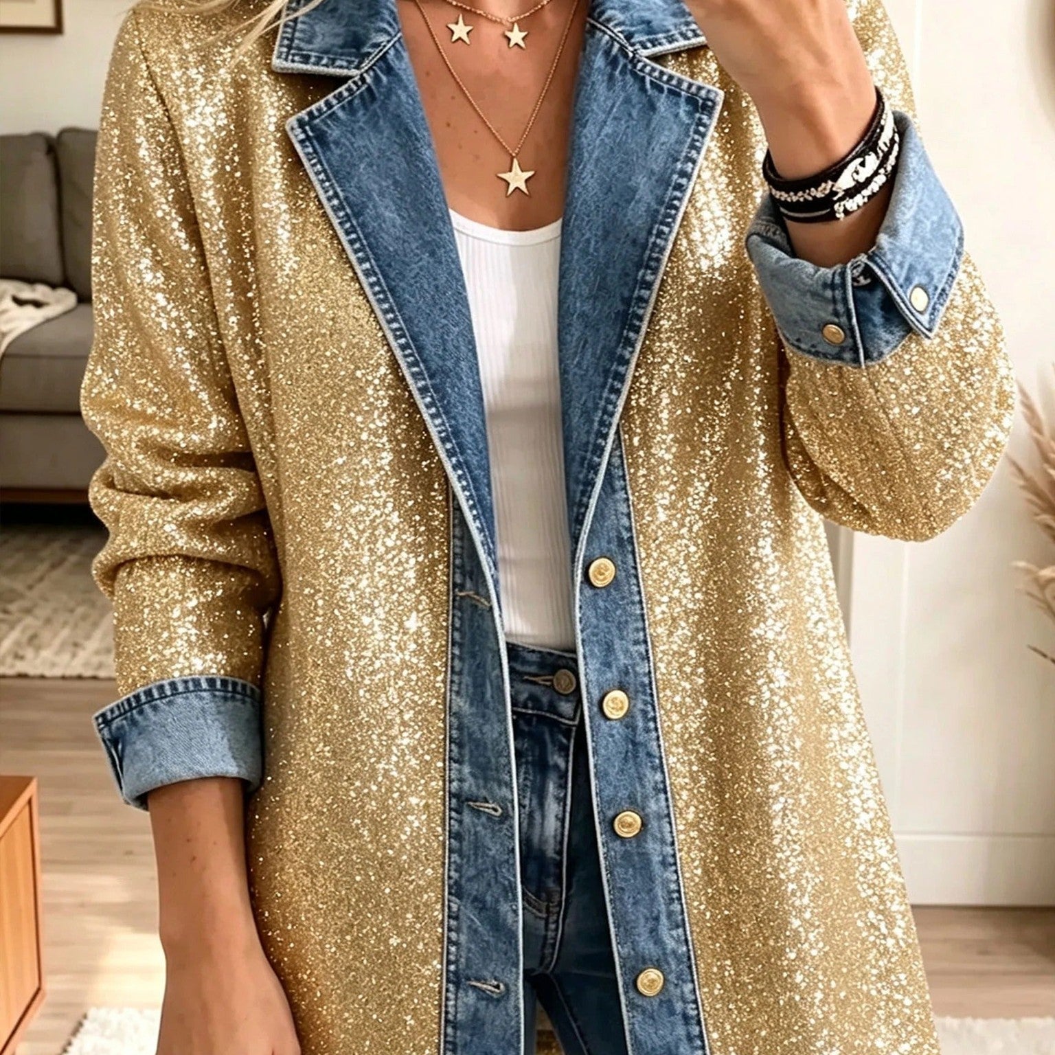 Purificación | Chaqueta vaquera patchwork con lentejuelas doradas