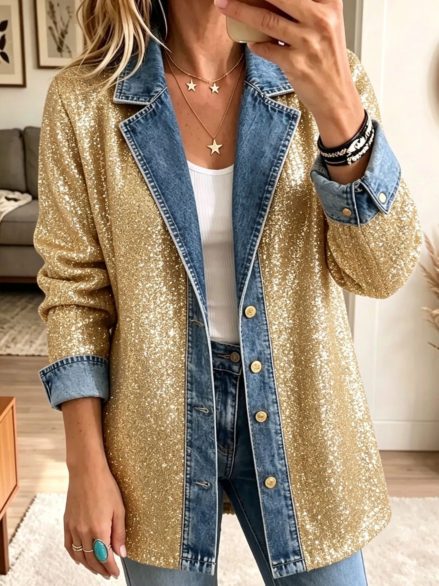 Purificación | Chaqueta vaquera patchwork con lentejuelas doradas