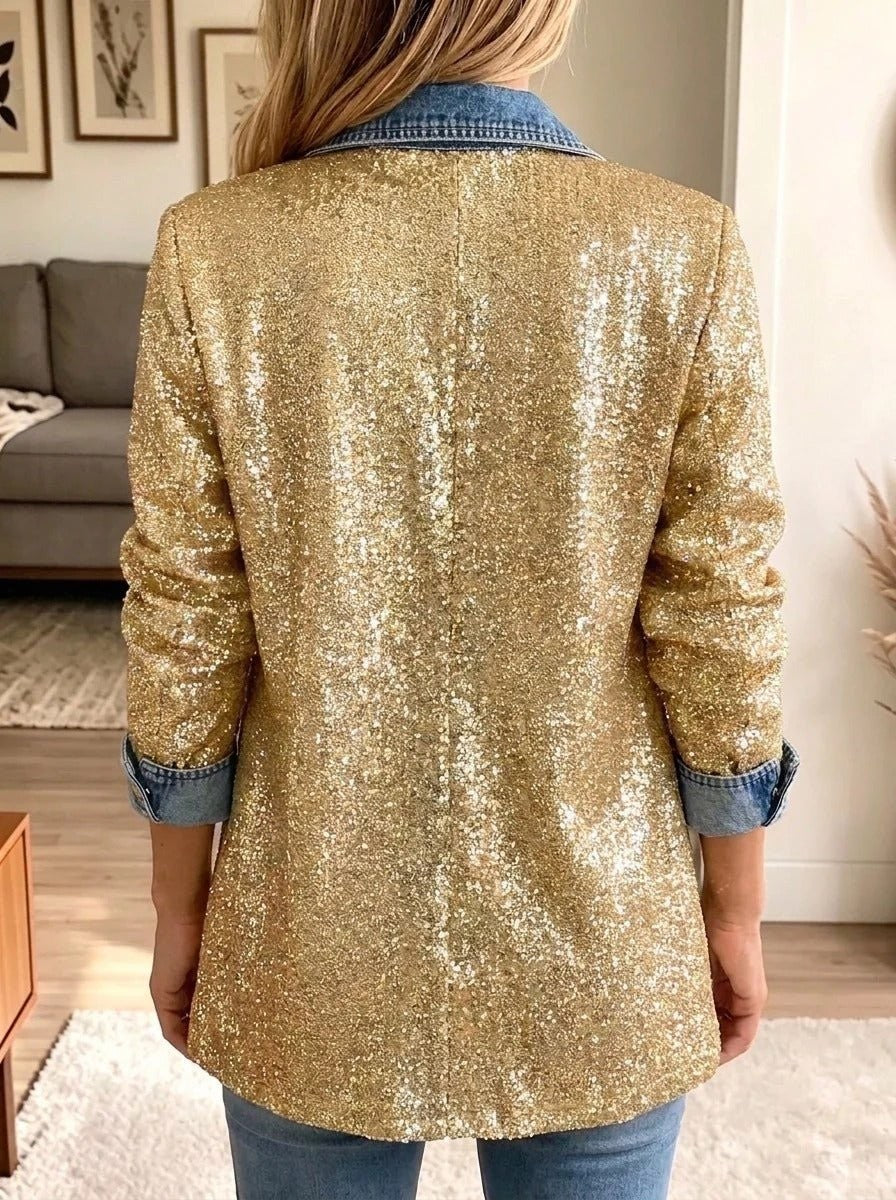 Purificación | Chaqueta vaquera patchwork con lentejuelas doradas